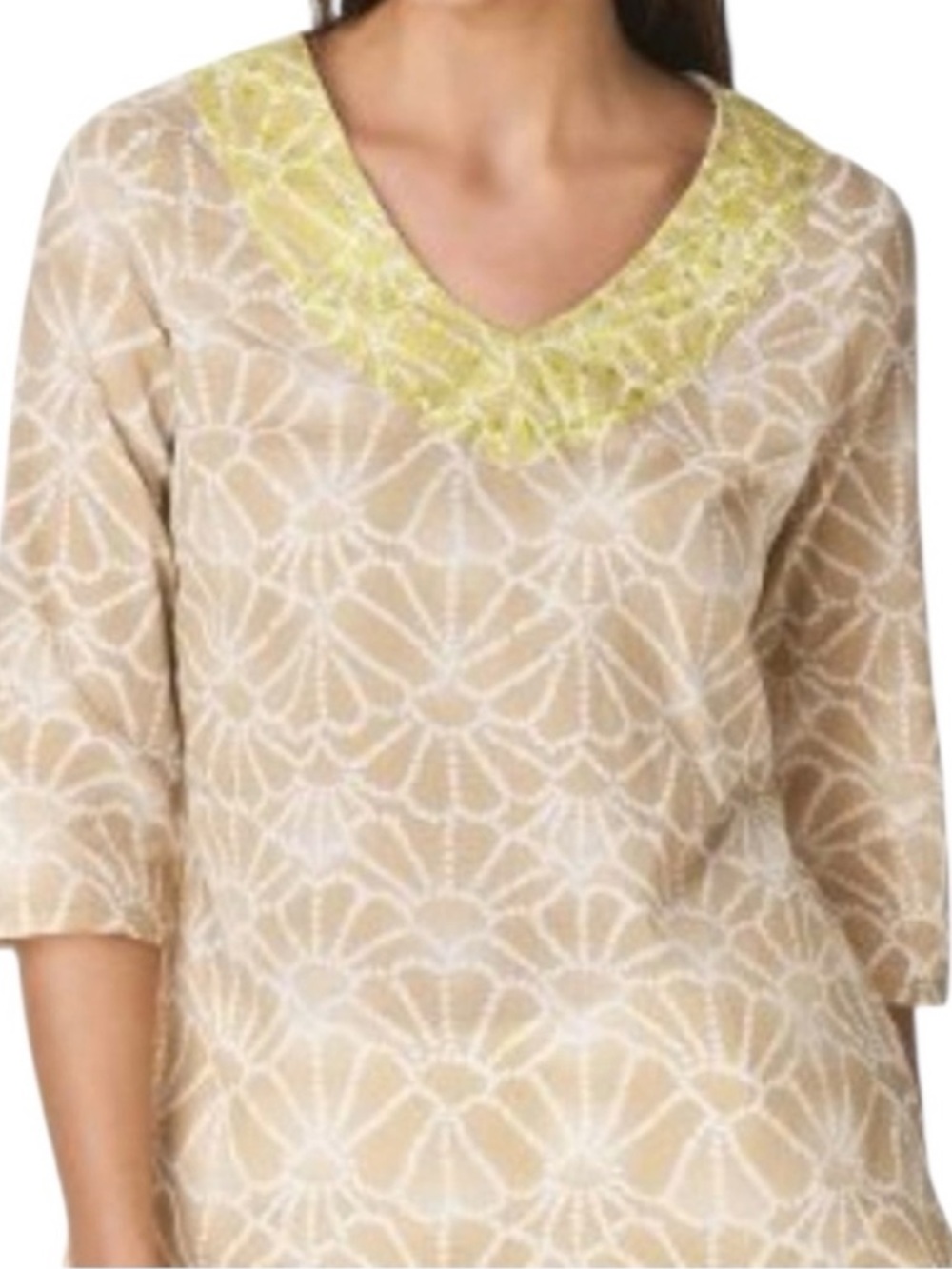 NEW Calypso St. Barth Light Tan and White Print V-Neck 3/4 Sleeve Tunic Top - Picture 8 of 8